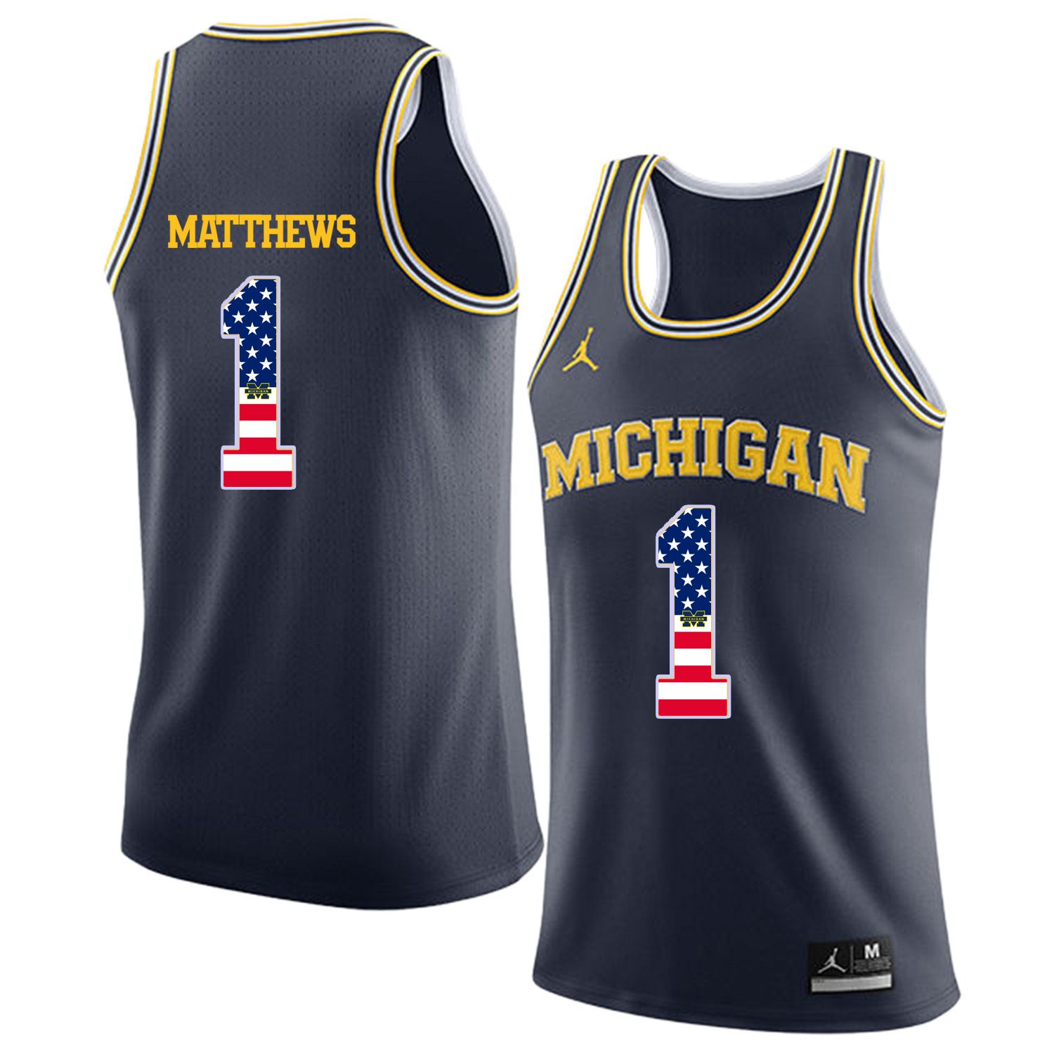 Men Jordan University of Michigan Basketball Navy #1 Matthews Flag Customized NCAA Jerseys
